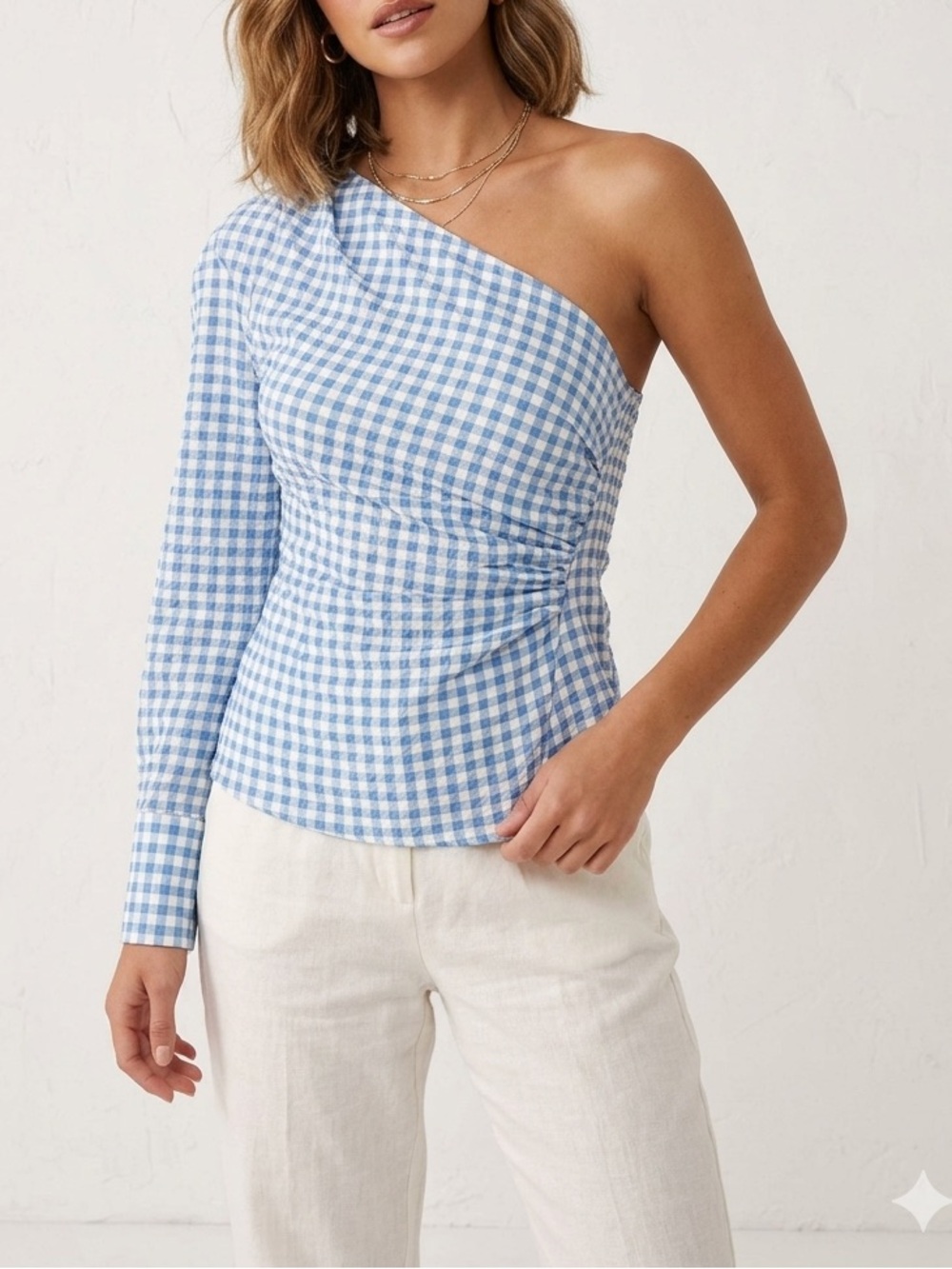 🔥$10 FINAL PRICE🔥 Zara Blue White Gingham Seersucker One Shoulder Blouse❤️
